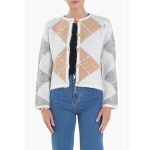 English Factory Argyle Crop Cardigan White Gray Tan Size 1X NWOT Preppy Classic